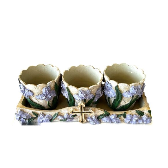 Decorative Floral Resin Planter Tray With Removable Pots & Cross Design - Picture 3 of 9